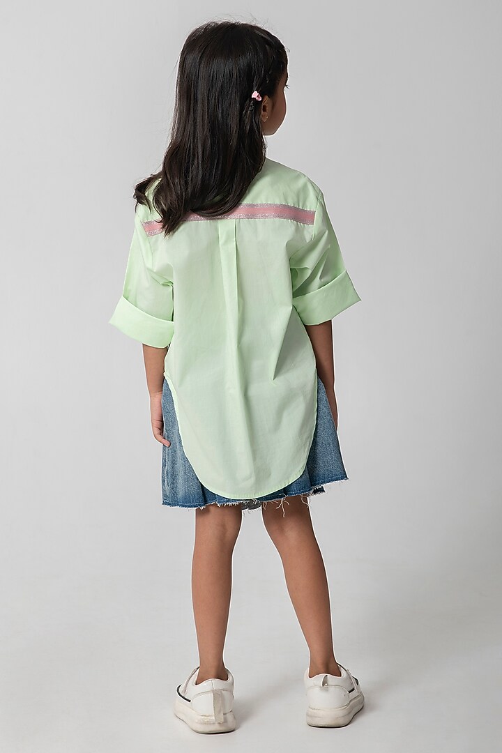 Sea Green Cotton Satin Embroidered Shirt For Girls by Partykles at Pernia's Pop Up Shop