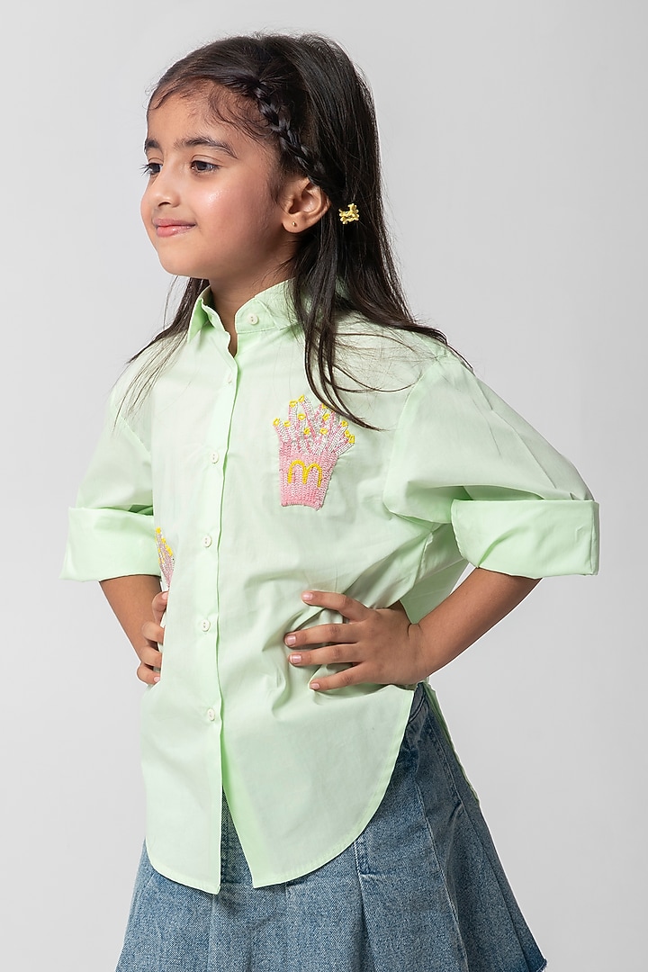 Sea Green Cotton Satin Embroidered Shirt For Girls by Partykles at Pernia's Pop Up Shop
