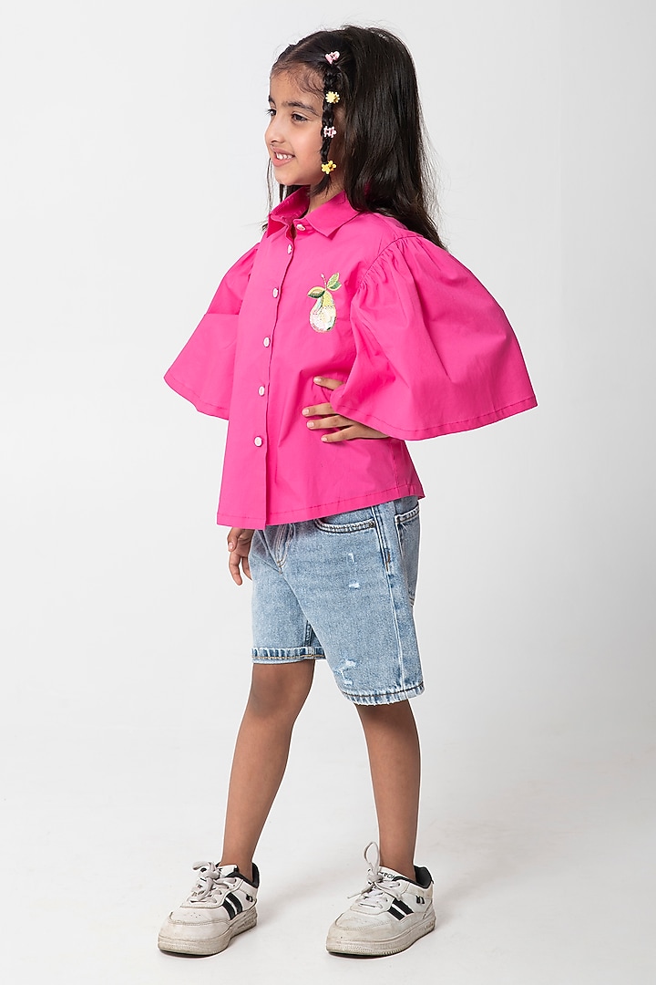 Pink Cotton Satin Embroidered Shirt For Girls by Partykles at Pernia's Pop Up Shop