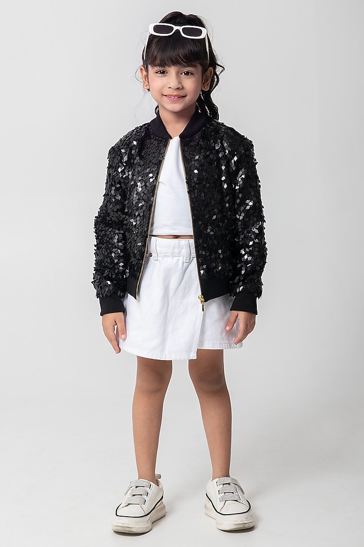 Black Sequins Bomber Jacket For Girls by Partykles at Pernia's Pop Up Shop