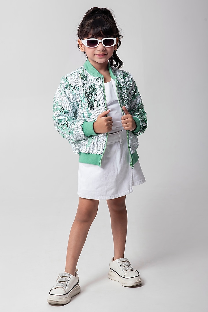 Sea Green Sequins Bomber Jacket For Girls by Partykles at Pernia's Pop Up Shop