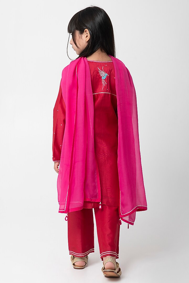 Red Chanderi SIlk Embroidered Kurta Set For Girls by Partykles at Pernia's Pop Up Shop