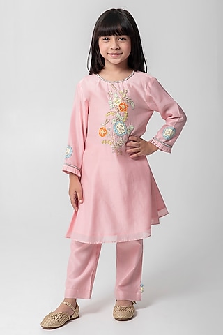 Peach Cotton Silk Embroidered Kurta Set For Girls by Partykles