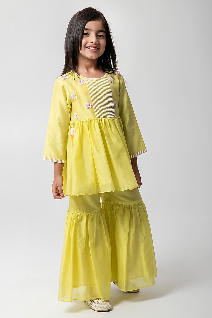 Yellow Chanderi Silk Sharara Set For Girls by Partykles at Pernia's Pop Up Shop