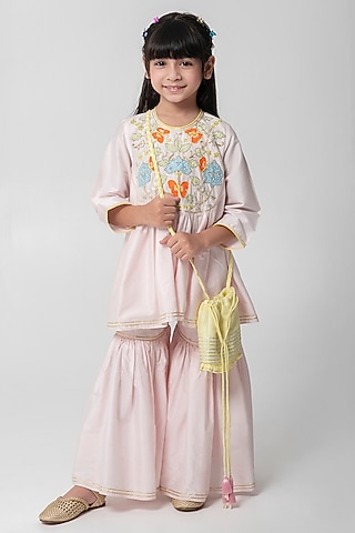 Pink Cotton Silk Sharara Set For Girls by Partykles