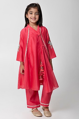 Coral Chanderi Silk Embroidered Kurta Set For Girls by Partykles