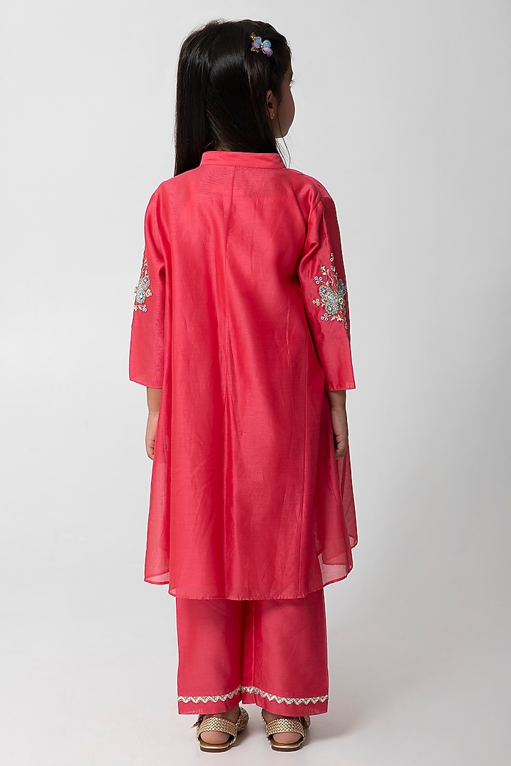 Coral Chanderi Silk Embroidered Kurta Set For Girls by Partykles at Pernia's Pop Up Shop