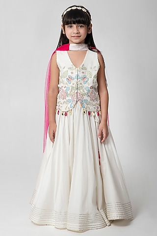 White Cotton Silk Lehenga Set For Girls by Partykles