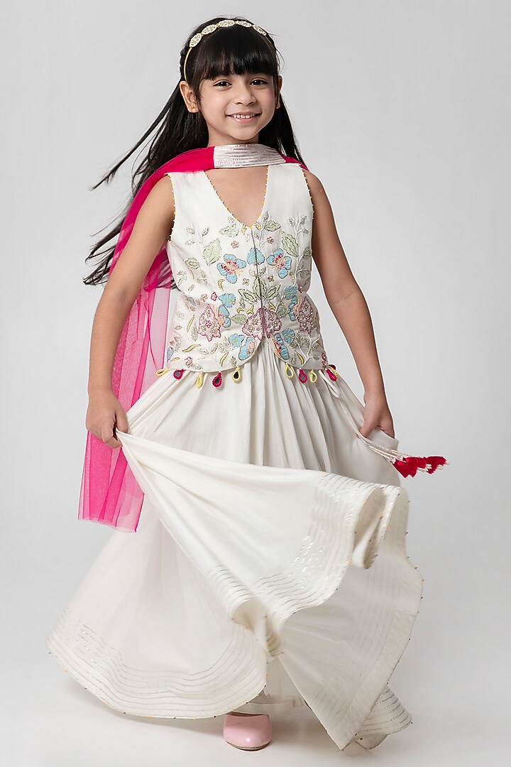 White Cotton Silk Lehenga Set For Girls by Partykles at Pernia's Pop Up Shop