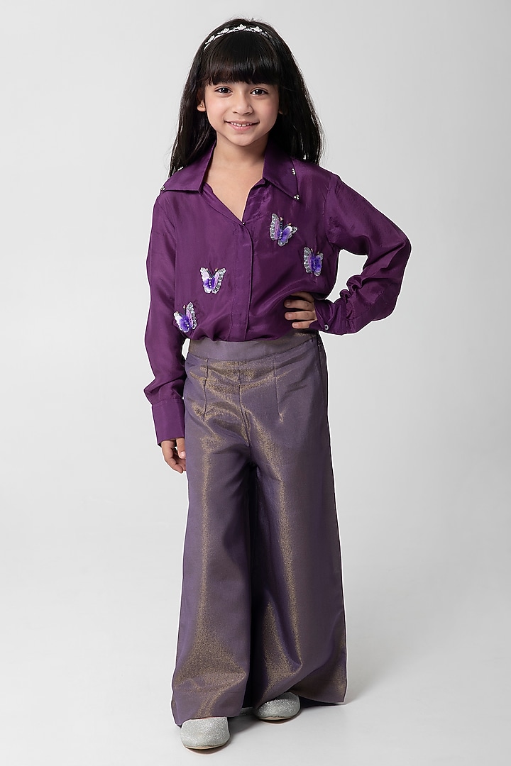 Purple Silk Embroidered Co-Ord Set For Girls by Partykles at Pernia's Pop Up Shop