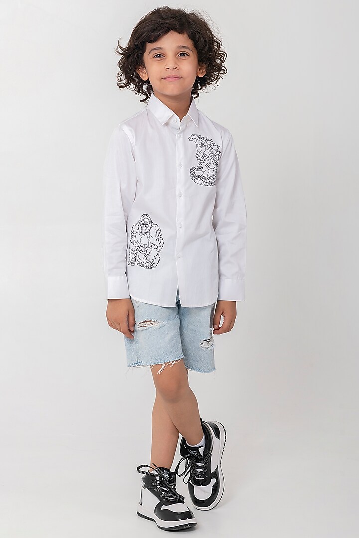 White Cotton Resham Handwork Shirt For Boys by Partykles at Pernia's Pop Up Shop