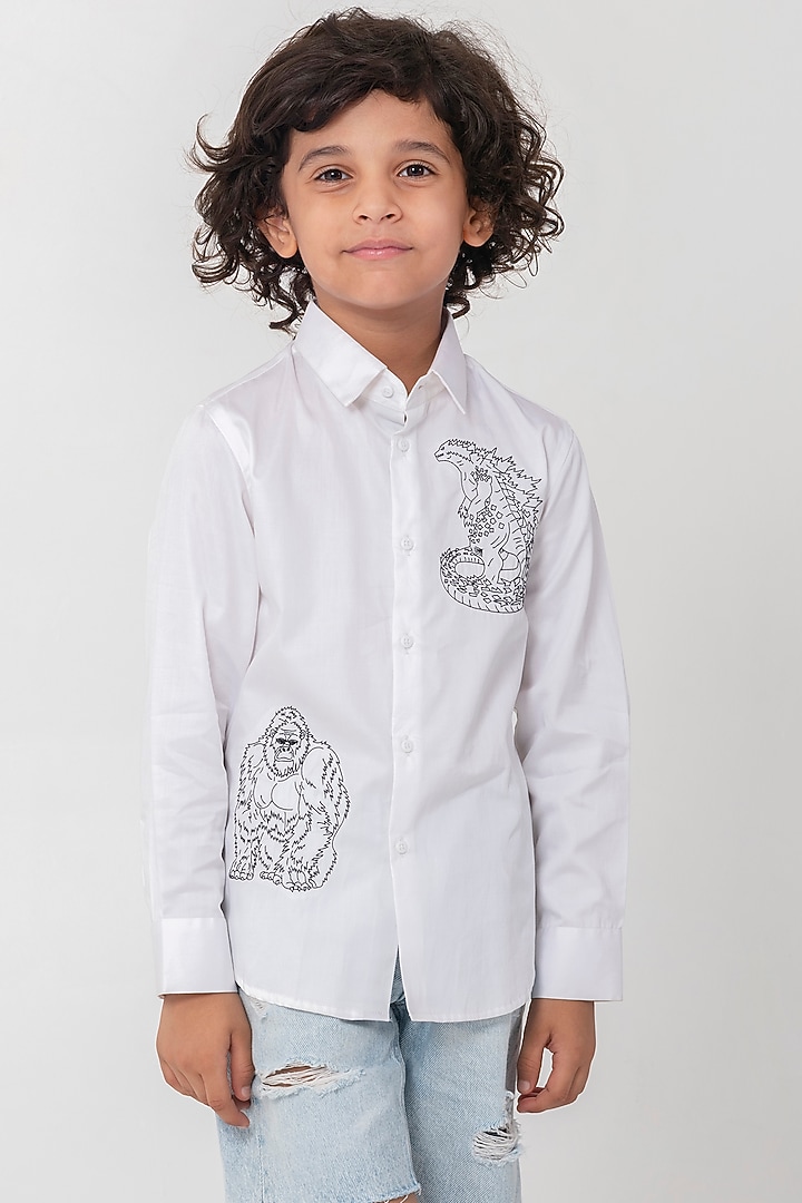 White Cotton Resham Handwork Shirt For Boys by Partykles at Pernia's Pop Up Shop