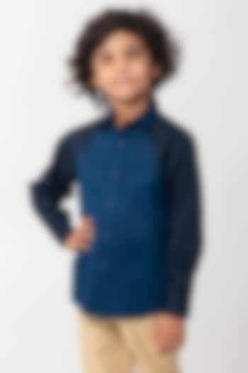 Dark Blue Cotton Bead Work Shirt For Boys by Partykles at Pernia's Pop Up Shop