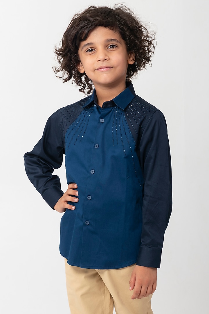Dark Blue Cotton Bead Work Shirt For Boys by Partykles at Pernia's Pop Up Shop