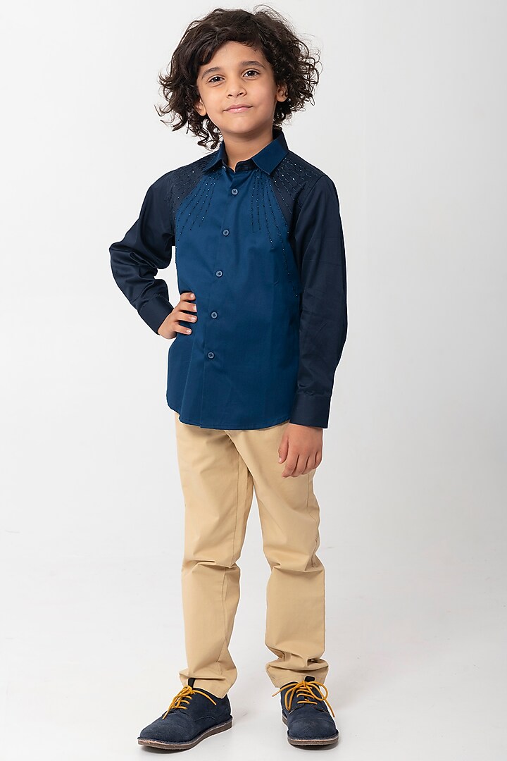 Dark Blue Cotton Bead Work Shirt For Boys by Partykles at Pernia's Pop Up Shop