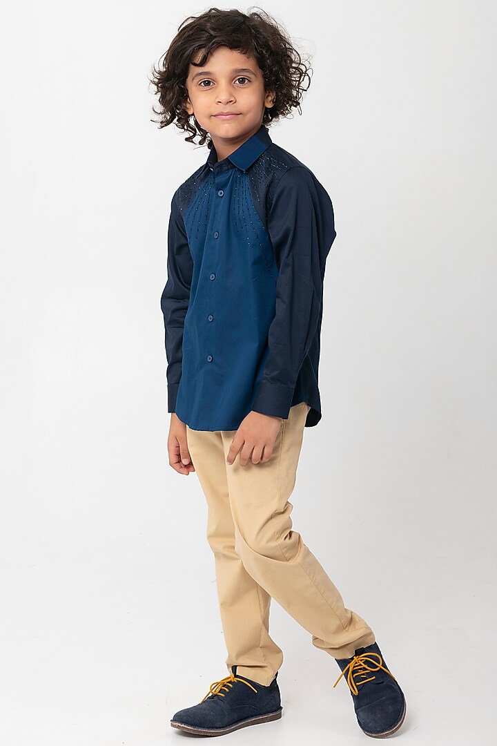 Dark Blue Cotton Bead Work Shirt For Boys by Partykles at Pernia's Pop Up Shop
