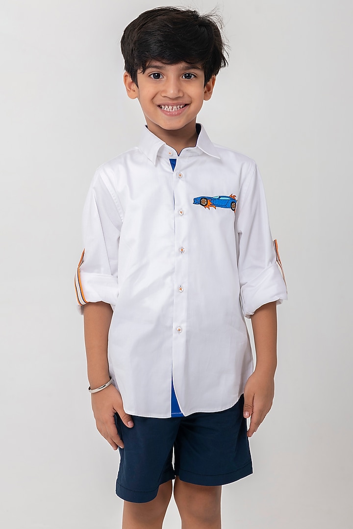 White Cotton Resham Handwork Shirt For Boys by Partykles at Pernia's Pop Up Shop