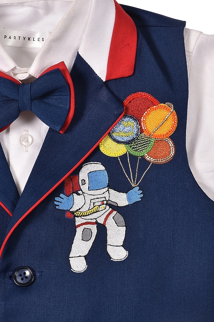 Navy Blue Gabadine Motifs Waistcoat Set For Boys by Partykles at Pernia's Pop Up Shop