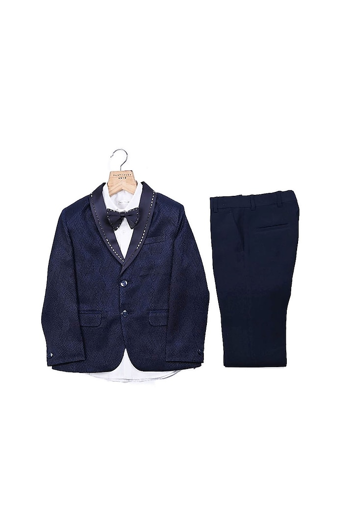 Navy Blue Textured Fabric Tuxedo Set For Boys by Partykles