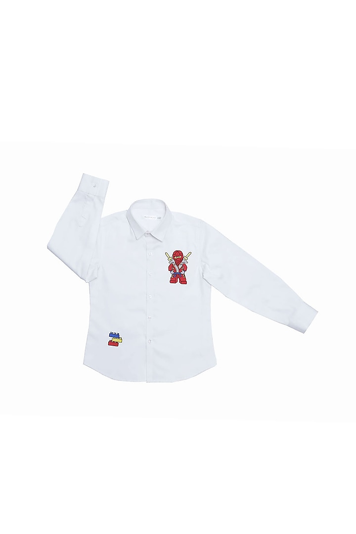 White Cotton Satin Embroidered Shirt For Boys by Partykles
