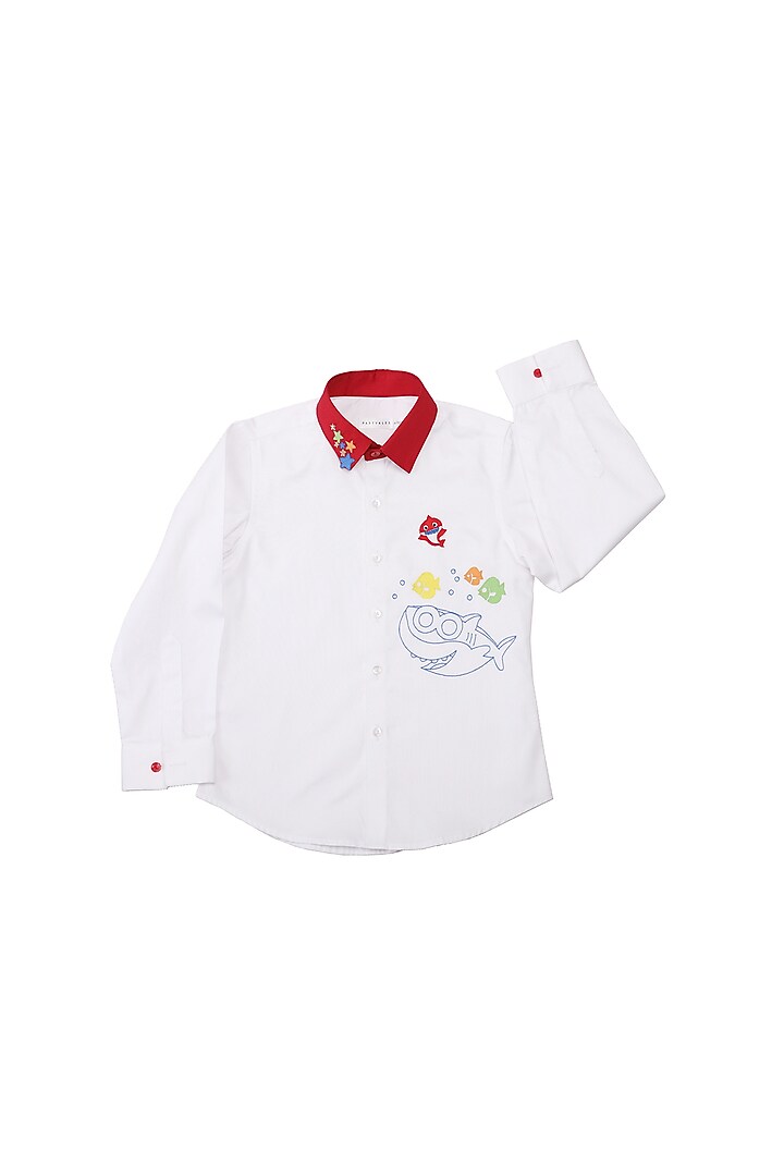 White Cotton Satin Embroidered Shirt For Boys by Partykles