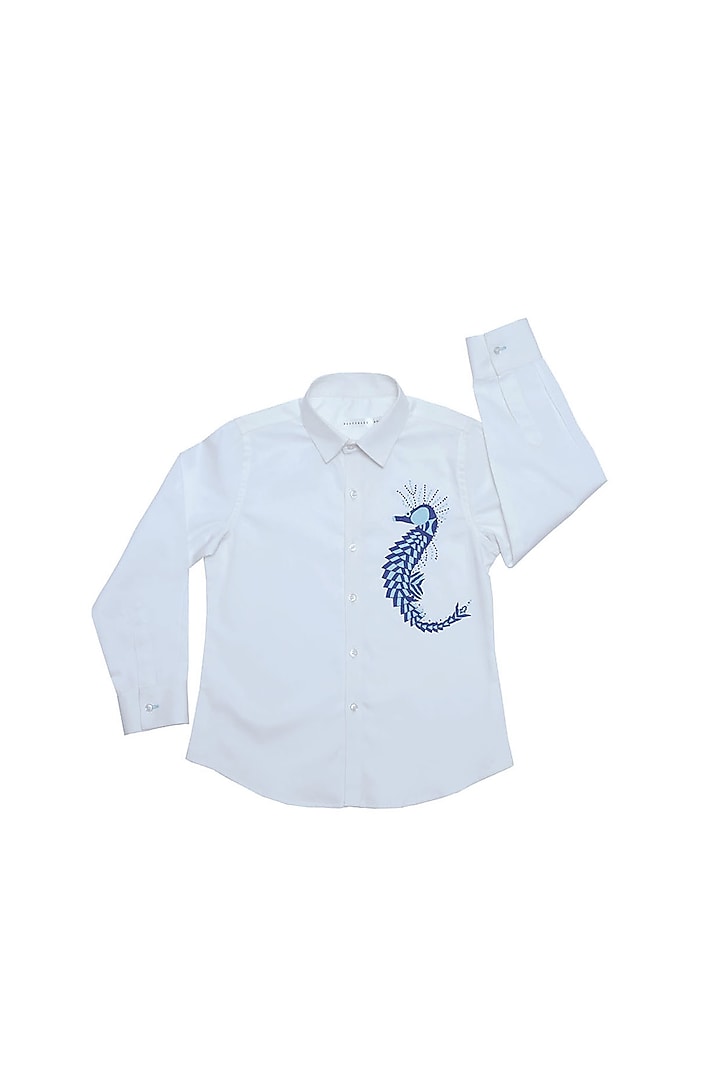 White Cotton Satin Geometric Motifs Embroidered Shirt For Boys by Partykles