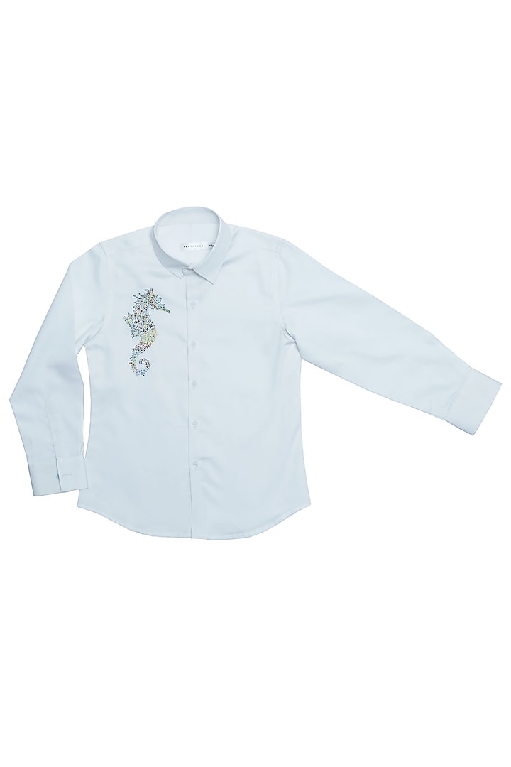 White Cotton Satin Embroidered Seahorse Shirt For Boys by Partykles