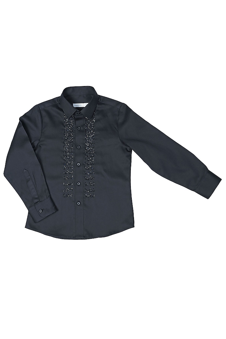 Black Cotton Satin Embroidered Shirt For Boys by Partykles