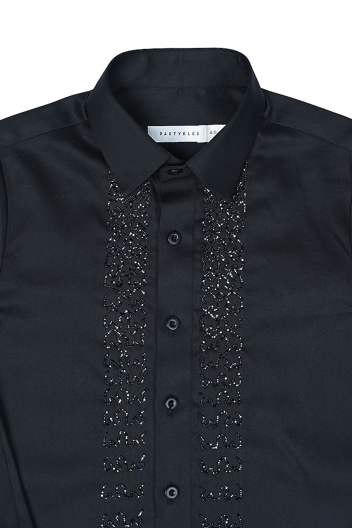 Black Cotton Satin Embroidered Shirt For Boys by Partykles at Pernia's Pop Up Shop