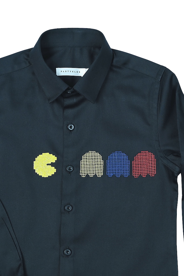 Black Cotton Satin Shirt For Boys by Partykles at Pernia's Pop Up Shop