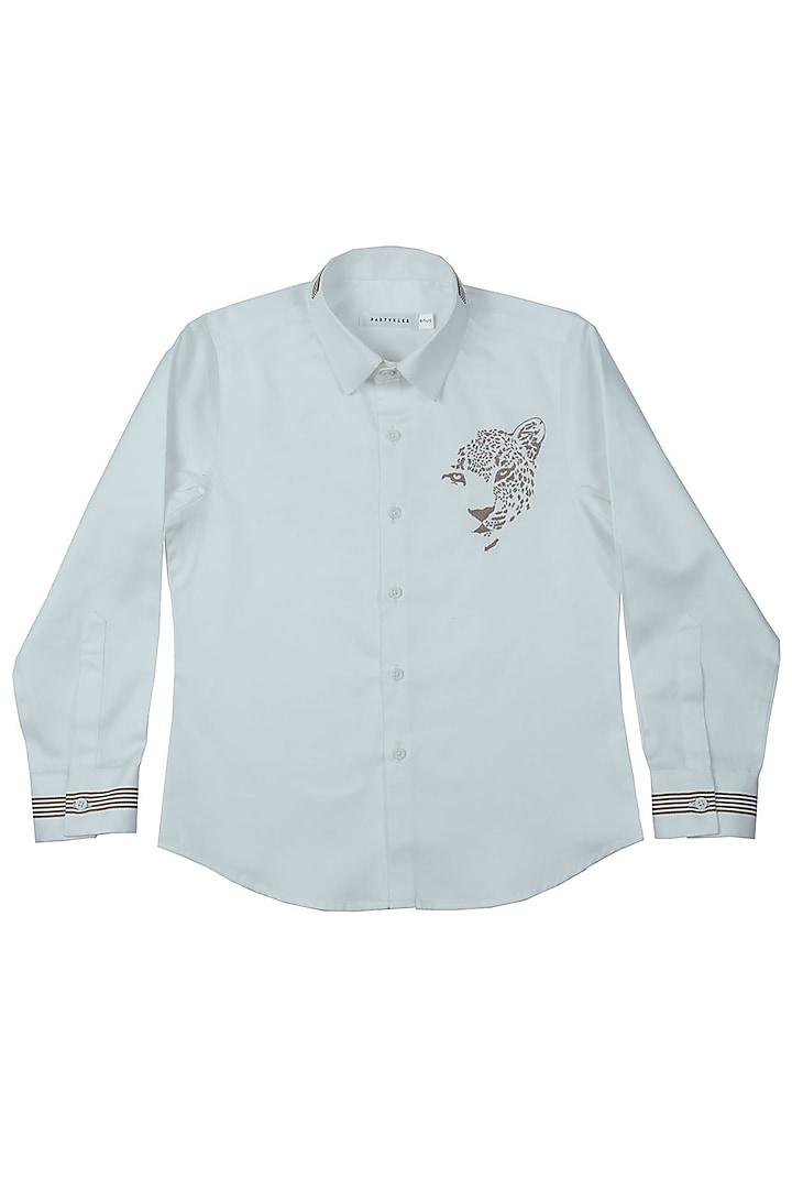 White Cotton Satin Cheetah Embroidered Shirt For Boys by Partykles
