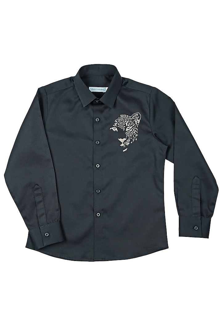 Black Cotton Satin Cheetah Embroidered Shirt For Boys by Partykles