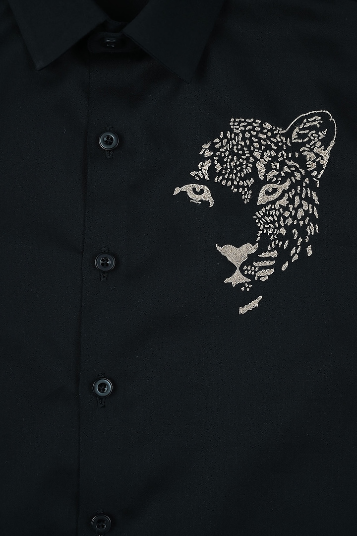 Black Cotton Satin Cheetah Embroidered Shirt For Boys by Partykles at Pernia's Pop Up Shop