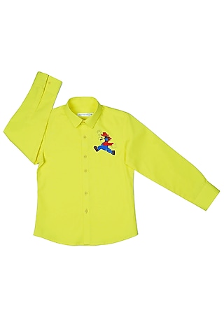 Yellow Cotton Satin Suoermarion Shirt For Boys by Partykles