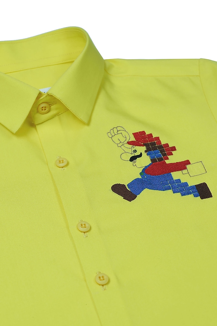 Yellow Cotton Satin Suoermarion Shirt For Boys by Partykles at Pernia's Pop Up Shop