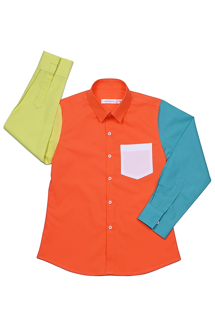 Orange Cotton Satin Color Block Shirt For Boys by Partykles