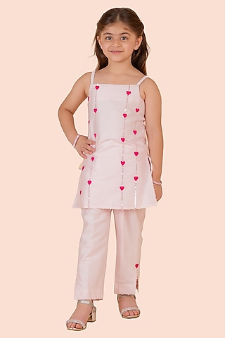 Light Pink Cotton Silk Sequins Heart Embroidered Kurta Set For Girls by Partykles