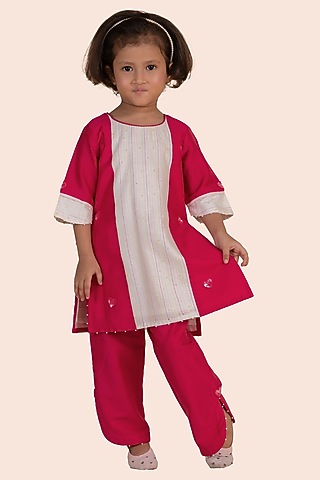 Pink Cotton Silk Thread Embroidered Kurta Set For Girls by Partykles