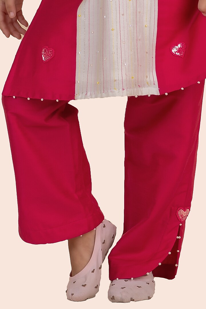 Pink Cotton Silk Thread Embroidered Kurta Set For Girls by Partykles at Pernia's Pop Up Shop