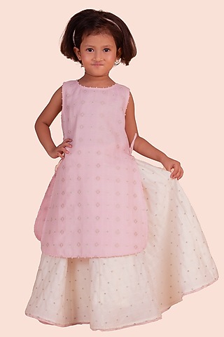Pink Banarasi Dobby Silk Skirt Set For Girls by Partykles