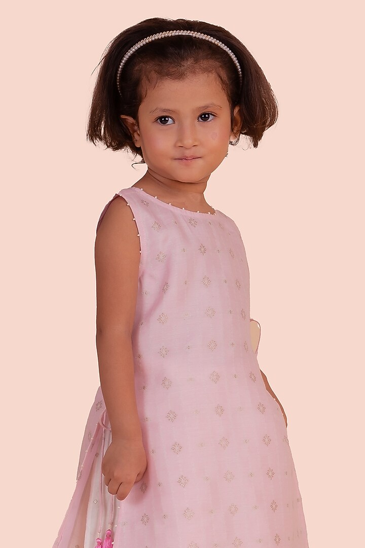 Pink Banarasi Dobby Silk Skirt Set For Girls by Partykles at Pernia's Pop Up Shop