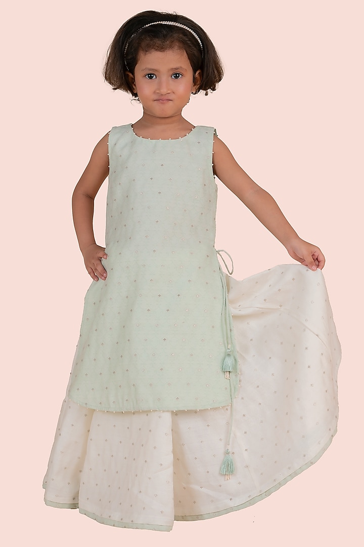 Green Banarasi Dobby Silk Skirt Set For Girls by Partykles at Pernia's Pop Up Shop