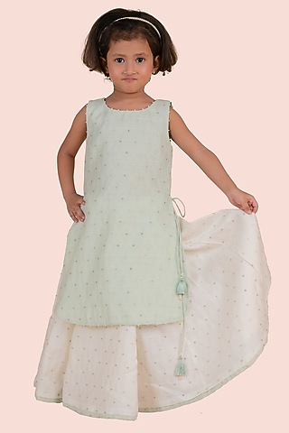 Green Banarasi Dobby Silk Skirt Set For Girls by Partykles