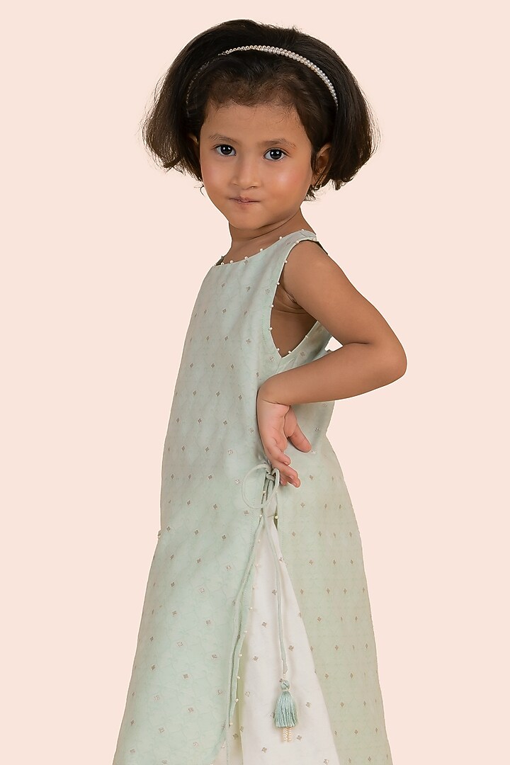 Green Banarasi Dobby Silk Skirt Set For Girls by Partykles at Pernia's Pop Up Shop