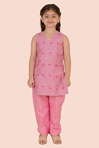 Pink Cotton Silk Heart Embroidered Kurta Set For Girls by Partykles