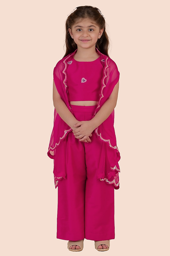 Rani Pink Cotton Silk & Organza Sequins Embellished Cape Set For Girls by Partykles at Pernia's Pop Up Shop