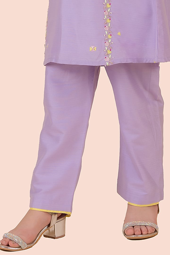 Lavender Cotton Silk Heart Embroidered A-Line Kurta Set For Girls by Partykles at Pernia's Pop Up Shop