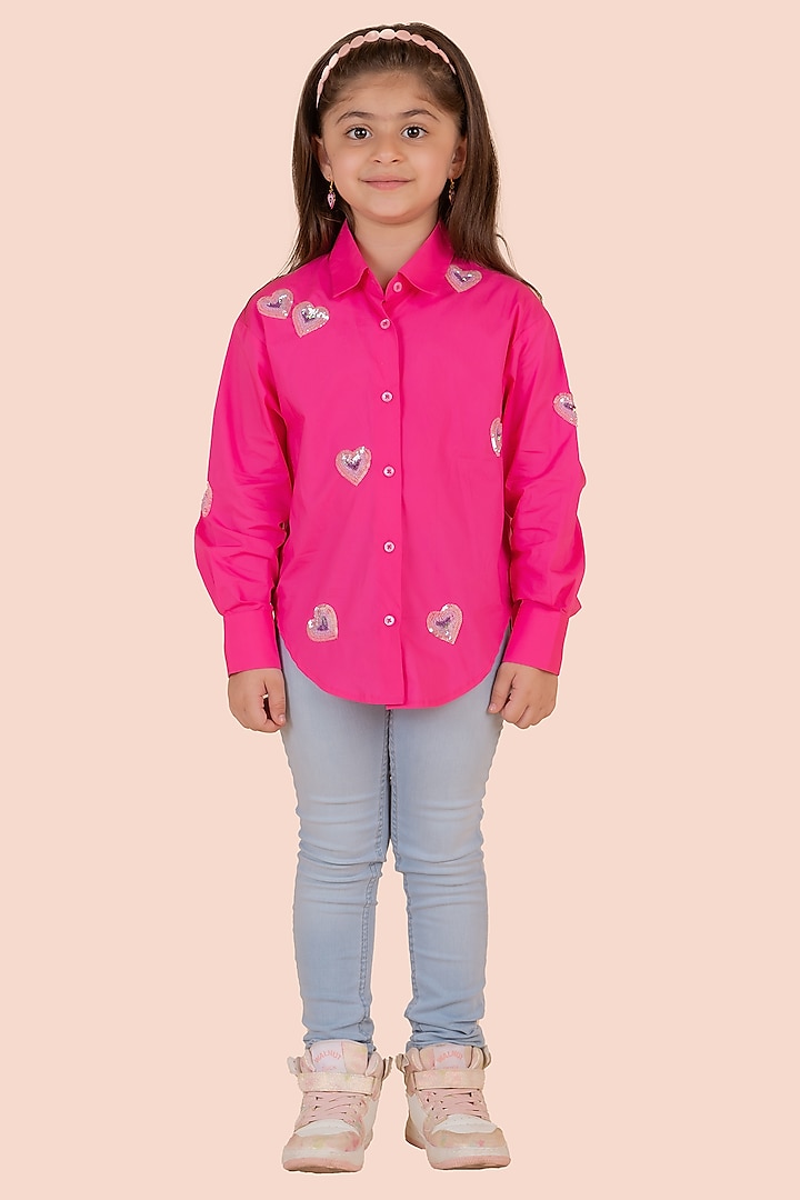 Pink Fine 60'S Poplin Sequins Heart Embroidered Shirt For Girls by Partykles at Pernia's Pop Up Shop