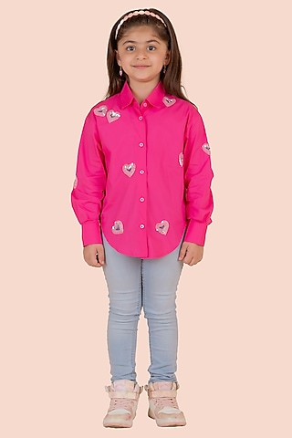 Pink Fine 60'S Poplin Sequins Heart Embroidered Shirt For Girls by Partykles