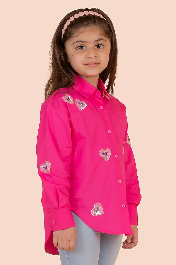 Pink Fine 60'S Poplin Sequins Heart Embroidered Shirt For Girls by Partykles at Pernia's Pop Up Shop